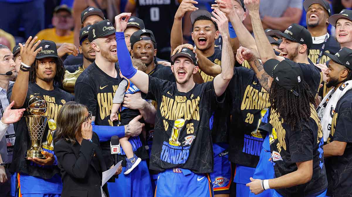 Thunder guard Alex Caruso (9) during the NBA Championship trophy presentation after game seven of the 2025 NBA Finals against the Indiana Pacers at Paycom Center