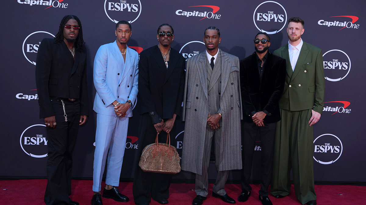 Luguentz Dort, Aaron Wiggins, Jalen Williams, Shai Gilgeous-Alexander, Isaiah Joe and Isaiah Hartenstein pose on the ESPYs red carpet at the Dolby Theatre