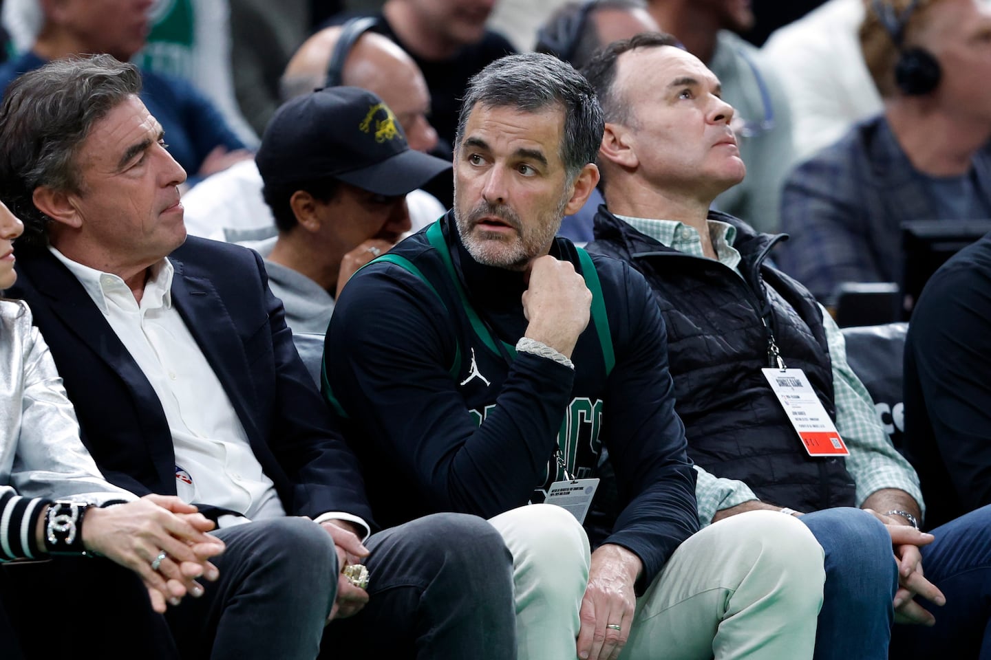 New Boston Celtics owner Bill Chisholm (center) sat with former lead owner Wyc Grousbeck at a NBA Eastern Conference semifinal against the New York Knicks at TD Garden.