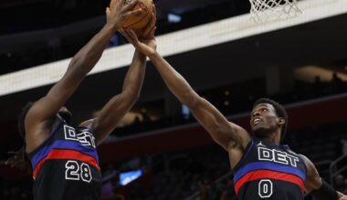 Jan 17, 2024; Detroit, Michigan, USA; Detroit Pistons center Isaiah Stewart (28) and center Jalen Duren (0) go for the rebound in the first half at Little Caesars Arena. Mandatory Credit: Rick Osentoski-USA TODAY Sports