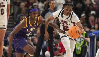 Golden State Valkyries guard Bree Hall (21) and forward Laeticia Amihere (3) pose for a photo with South Carolina Gamecocks women's basketball head coach Dawn Staley and Seattle Storm guard Zia Cooke (7) after the game at Chase Center. Mandatory Credit: Darren Yamashita-Imagn Images