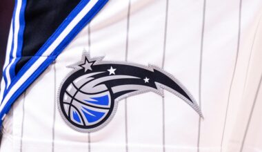 Apr 3, 2024; New Orleans, Louisiana, USA; Detailed view of the Orlando Magic logo against the New Orleans Pelicans during the second half at Smoothie King Center. Mandatory Credit: Stephen Lew-USA TODAY Sports