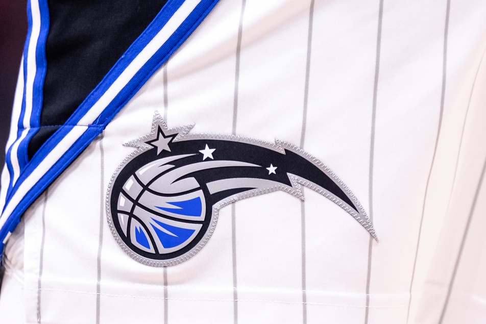 Apr 3, 2024; New Orleans, Louisiana, USA; Detailed view of the Orlando Magic logo against the New Orleans Pelicans during the second half at Smoothie King Center. Mandatory Credit: Stephen Lew-USA TODAY Sports