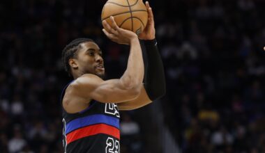 Nov 30, 2024; Detroit, Michigan, USA; Detroit Pistons guard Jaden Ivey (23) shoots in the first half against the Philadelphia 76ers at Little Caesars Arena. Mandatory Credit: Rick Osentoski-Imagn Images