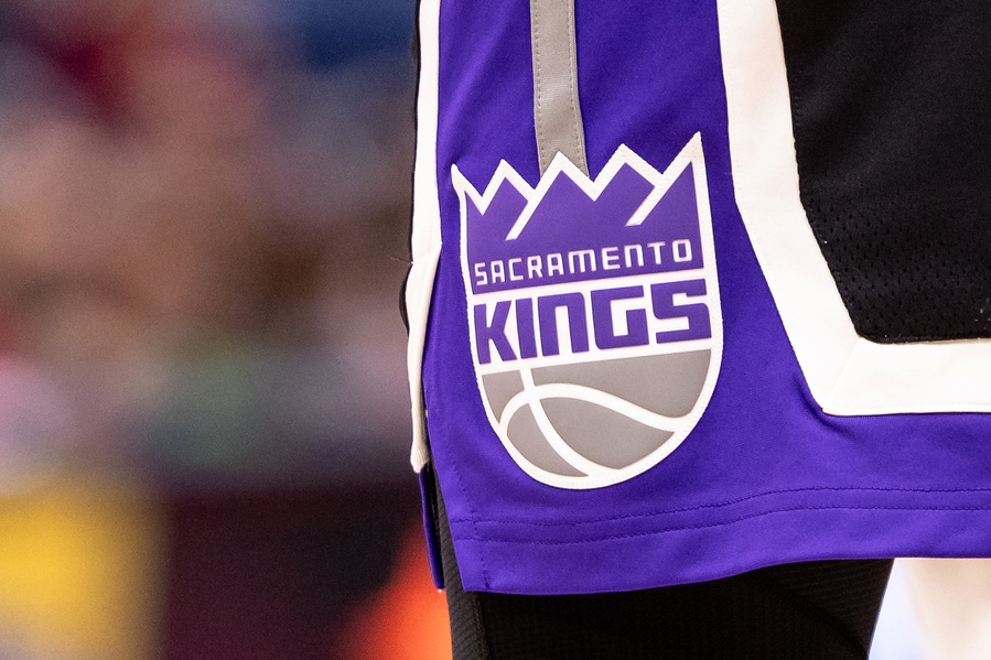 Dec 12, 2024; New Orleans, Louisiana, USA; Detailed view of the Sacramento Kings logo during the game against the New Orleans Pelicans in the first half at Smoothie King Center. Mandatory Credit: Stephen Lew-Imagn Images