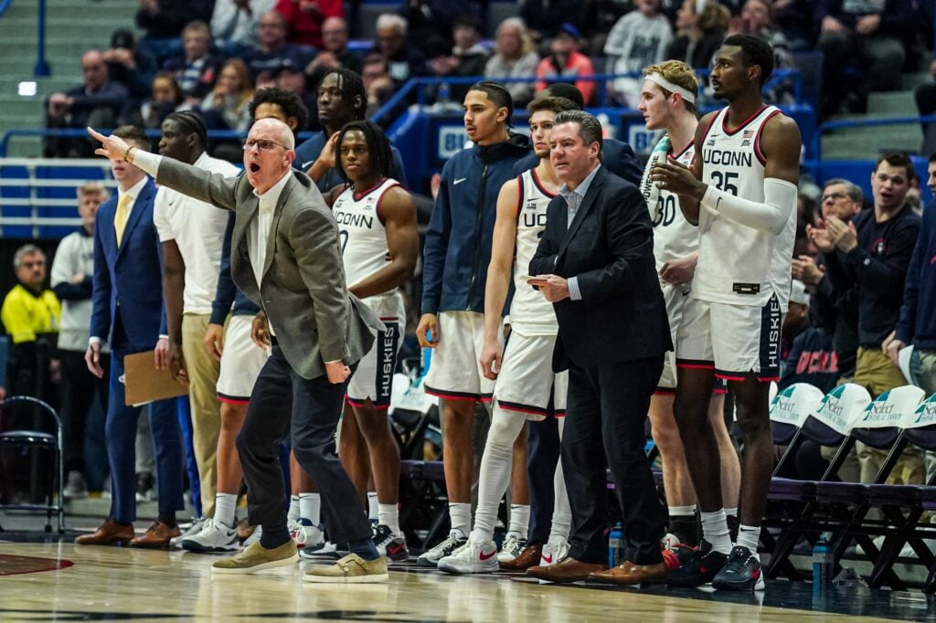 Feb 18, 2025; Hartford, Connecticut, USA; UConn Huskies head coach Dan Hurley watches from the sideline as they take on the Villanova Wildcats at XL Center. Mandatory Credit: David Butler II-Imagn Images
