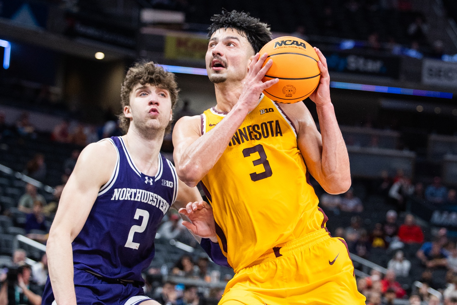 Mar 12, 2025; Indianapolis, IN, USA; Minnesota Golden Gophers forward Dawson Garcia (3) shoots the ball while Northwestern Wildcats forward Nick Martinelli (2) defends in the second half at Gainbridge Fieldhouse. Mandatory Credit: Trevor Ruszkowski-Imagn Images