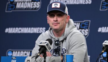 Mar 20, 2025; Raleigh, NC, USA; UConn basketball head coach Dan Hurley during the NCAA pre tournament press conference at Lenovo Center. Mandatory Credit: Zachary Taft-Imagn Images