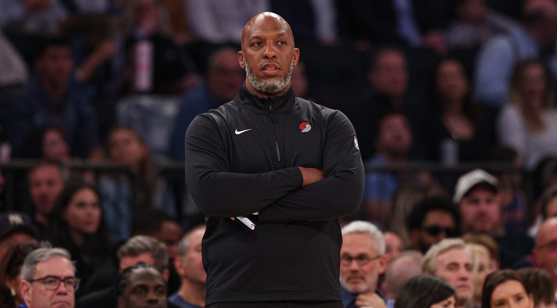 Mar 30, 2025; New York, New York, USA; Portland Trail Blazers head coach Chauncey Billups looks on during the first half against the New York Knicks at Madison Square Garden. Mandatory Credit: Vincent Carchietta-Imagn Images