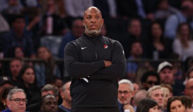 Mar 30, 2025; New York, New York, USA; Portland Trail Blazers head coach Chauncey Billups looks on during the first half against the New York Knicks at Madison Square Garden. Mandatory Credit: Vincent Carchietta-Imagn Images