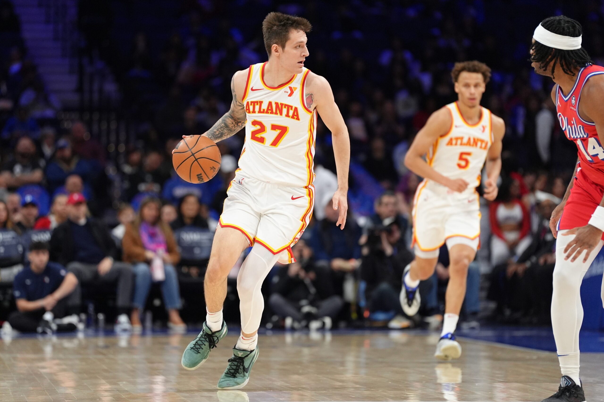 Apr 11, 2025; Philadelphia, Pennsylvania, USA; Atlanta Hawks guard Vit Krejci (27) controls the ball against the Philadelphia 76ers in the first quarter at Wells Fargo Center. Mandatory Credit: Kyle Ross-Imagn Images