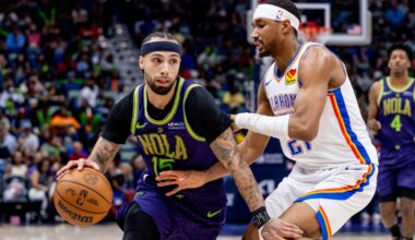 Apr 13, 2025; New Orleans, Louisiana, USA; New Orleans Pelicans guard Jose Alvarado (15) dribbles against Oklahoma City Thunder guard Aaron Wiggins (21) during the second half at Smoothie King Center. Mandatory Credit: Stephen Lew-Imagn Images