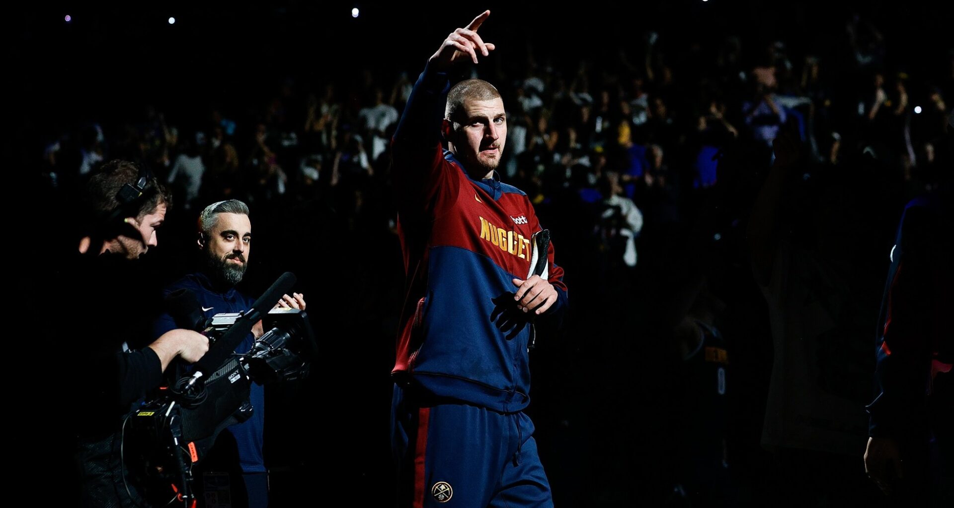 May 11, 2025; Denver, Colorado, USA; Denver Nuggets center Nikola Jokic (15) is introduced before game four against the Oklahoma City Thunder in the second round of the 2025 NBA Playoffs at Ball Arena. Mandatory Credit: Isaiah J. Downing-Imagn Images