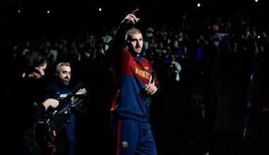 May 11, 2025; Denver, Colorado, USA; Denver Nuggets center Nikola Jokic (15) is introduced before game four against the Oklahoma City Thunder in the second round of the 2025 NBA Playoffs at Ball Arena. Mandatory Credit: Isaiah J. Downing-Imagn Images