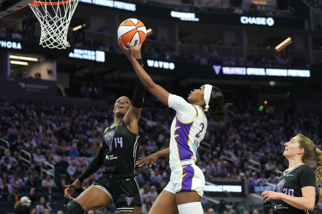 Los Angeles Sparks forward Rickea Jackson shoots against Golden State Valkyries center Temi Fagbenle