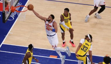 May 29, 2025; New York, New York, USA; New York Knicks center Karl-Anthony Towns (32) shoots against the Indiana Pacers in the fourth quarter during game five of the eastern conference finals for the 2025 NBA Playoffs at Madison Square Garden. Mandatory Credit: Brad Penner-Imagn Images