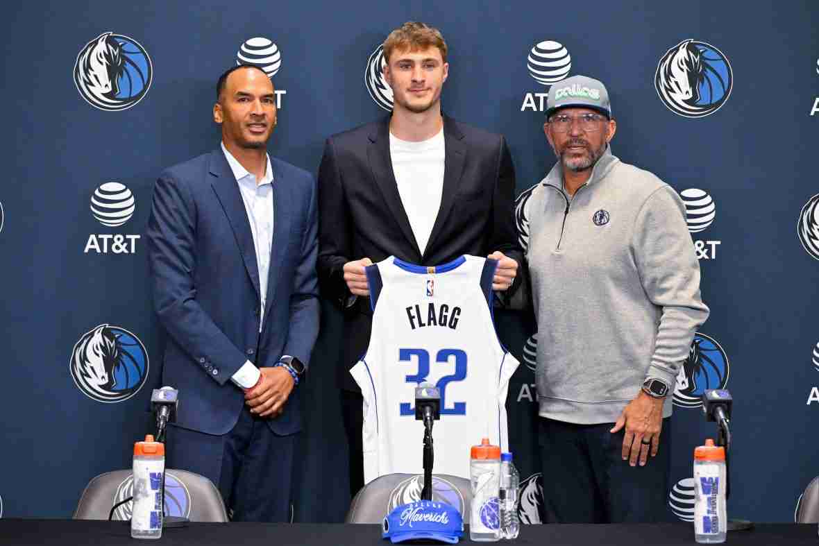 Current image: Jun 27, 2025; Dallas, TX, USA; (from left) Dallas Mavericks general manager Nico Harrison and Mavericks first overall pick Cooper Flagg and head coach Jason Kidd pose for a photo at the Dallas Mavericks Practice Facility. Mandatory Credit: Jerome Miron-Imagn Images