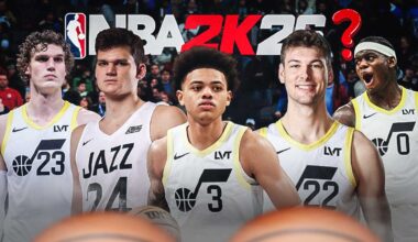 Washington Wizards NBA 2K26 ratings that are 100% wrong. Khris Middleton, Corey Kispert, Bilal Coulibaly, Tre Johnson, and Alexandre Sarr in the Wizards jersey with the 2K26 logo at the top, with a single question mark.