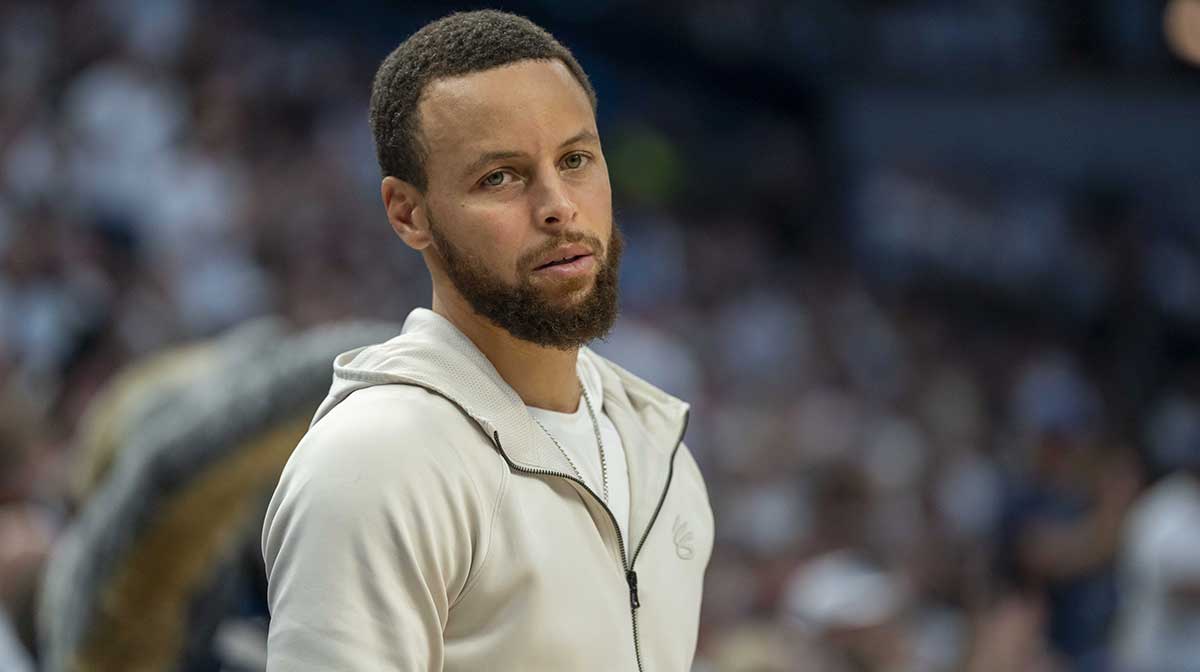 Warriors guard Stephen Curry (30) looks on against the Minnesota Timberwolves in the second half during game five of the second round for the 2025 NBA Playoffs at Target Center
