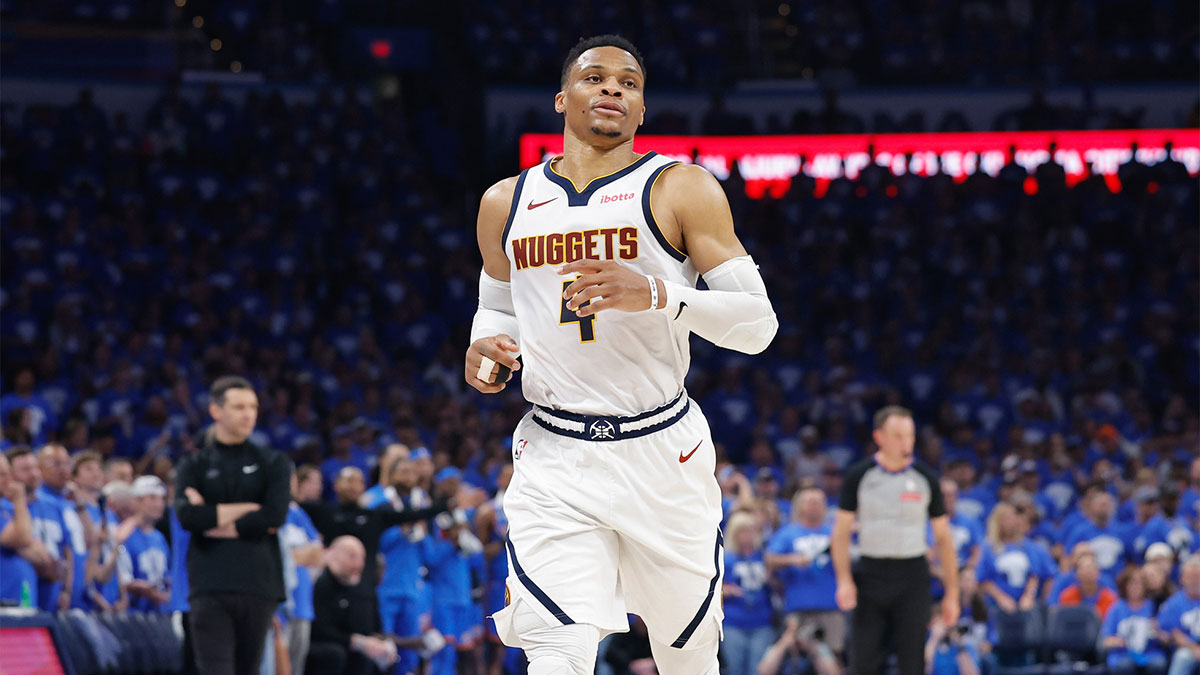 Denver Nuggets guard Russell Westbrook (4) runs down the court against the Oklahoma City Thunder in the second quarter during game seven of the second round for the 2025 NBA Playoffs at Paycom Center.