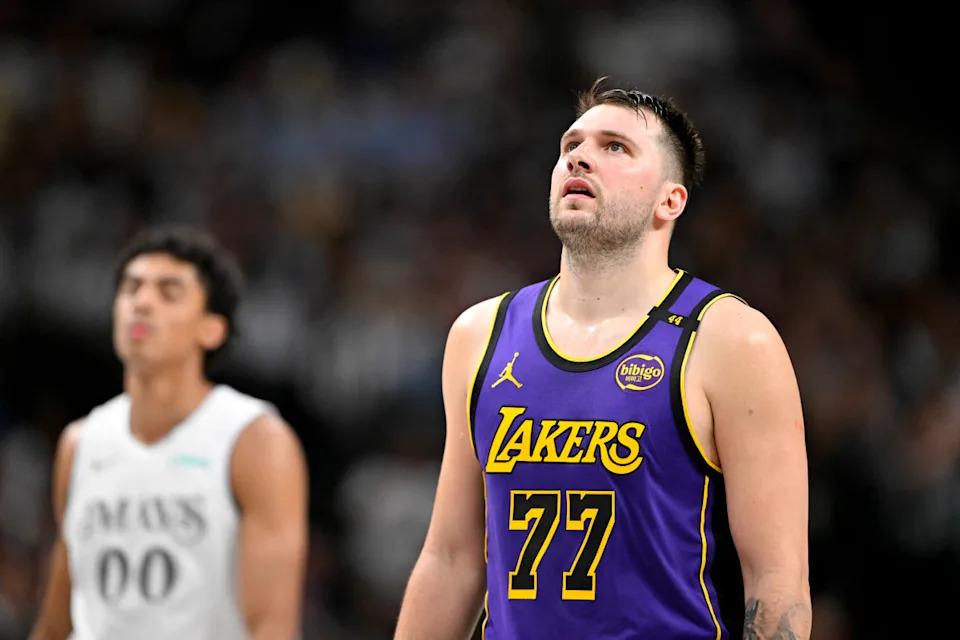 Dallas Mavericks guard Max Christie and Los Angeles Lakers guard Luka Doncic.© Jerome Miron-Imagn Images