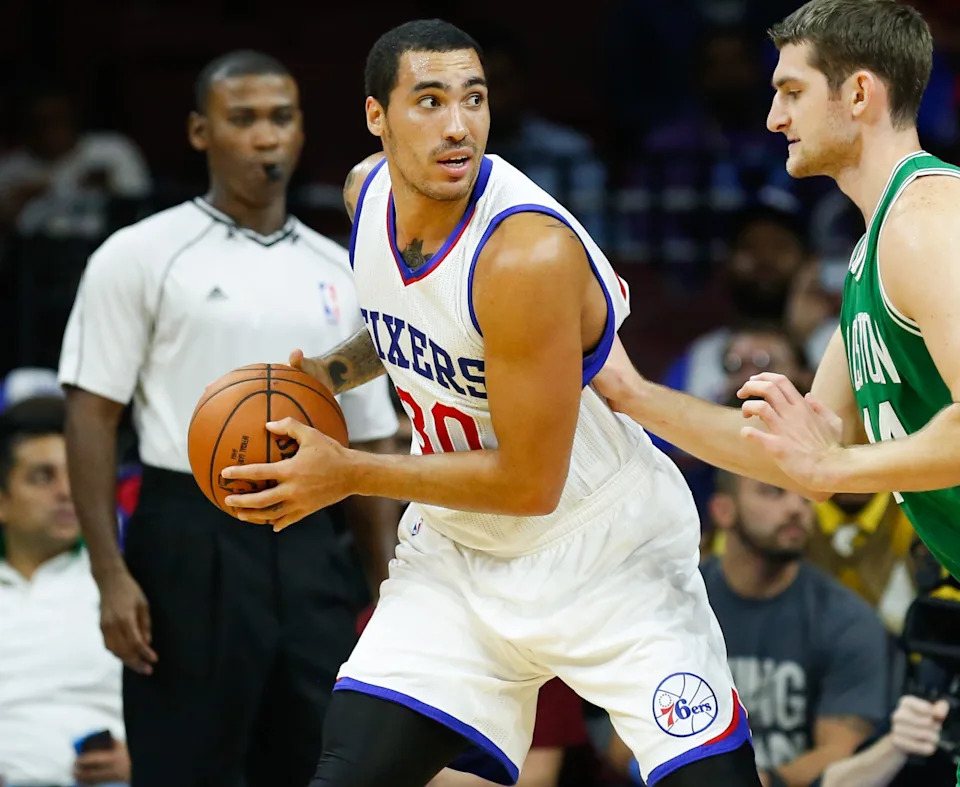 Oct 16, 2014; Philadelphia, PA, USA; Philadelphia 76ers forward Drew Gordon (30) in a game against the Boston Celtics at the Wells Fargo Center. The Celtics defeated the Sixers 111 to 91. Mandatory Credit: Bill Streicher-USA TODAY Sports