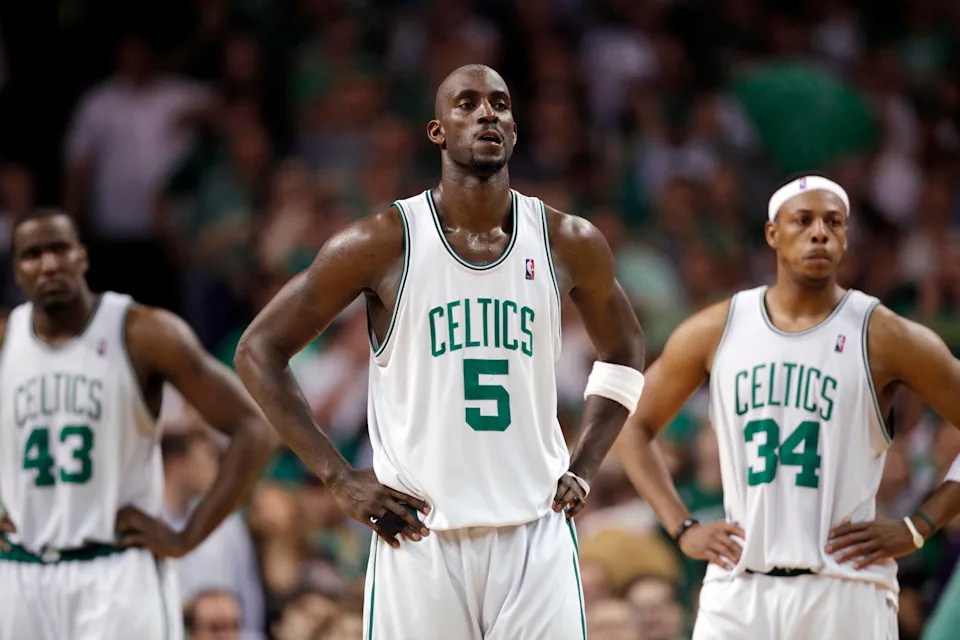 May 24, 2010; Boston, MA, USA; Boston Celtics forward Kevin Garnett (5) and center Kendrick Perkins (43) and forward Paul Pierce (34) react during overtime in game four of the eastern conference finals in the 2010 NBA playoffs against the Orlando Magic at TD Garden. The Magic won 96-92. Mandatory Credit: David Butler II-USA TODAY Sports