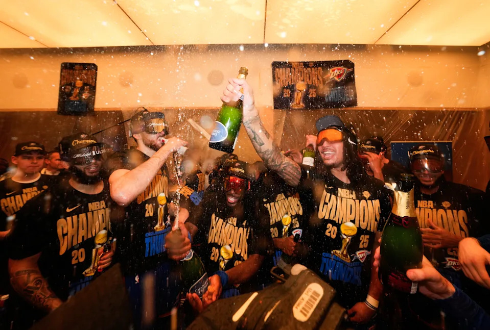 The Oklahoma City Thunder celebrate after winning Game 7 of the 2025 NBA Finals against the Indiana Pacers.