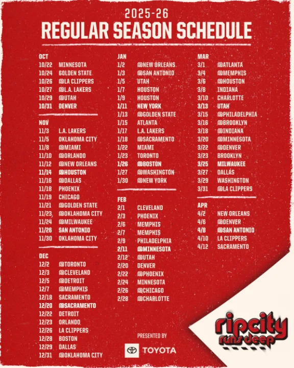 P<em>ortland Trail Blazers 2025-26 full schedule Aug 13, 2025. Photo: Portland Trail Blazers</em>
