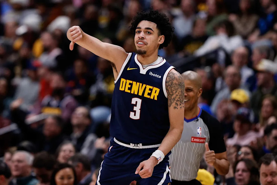Denver Nuggets guard Julian Strawther (3) reacts after a play in the second quarter against the Portland Trail Blazers at Ball Arena.Isaiah J&period; Downing-Imagn Images