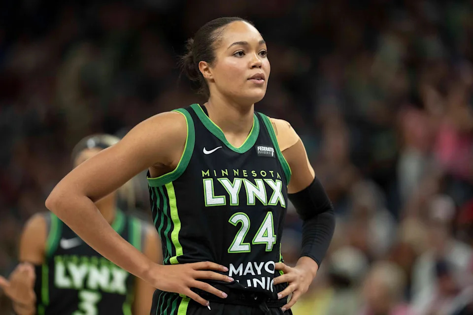 Aug 24, 2025; Minneapolis, Minnesota, USA; Minnesota Lynx forward Napheesa Collier (24) looks on against the Indiana Fever in the first half at Target Center. Mandatory Credit: Jesse Johnson-Imagn Images