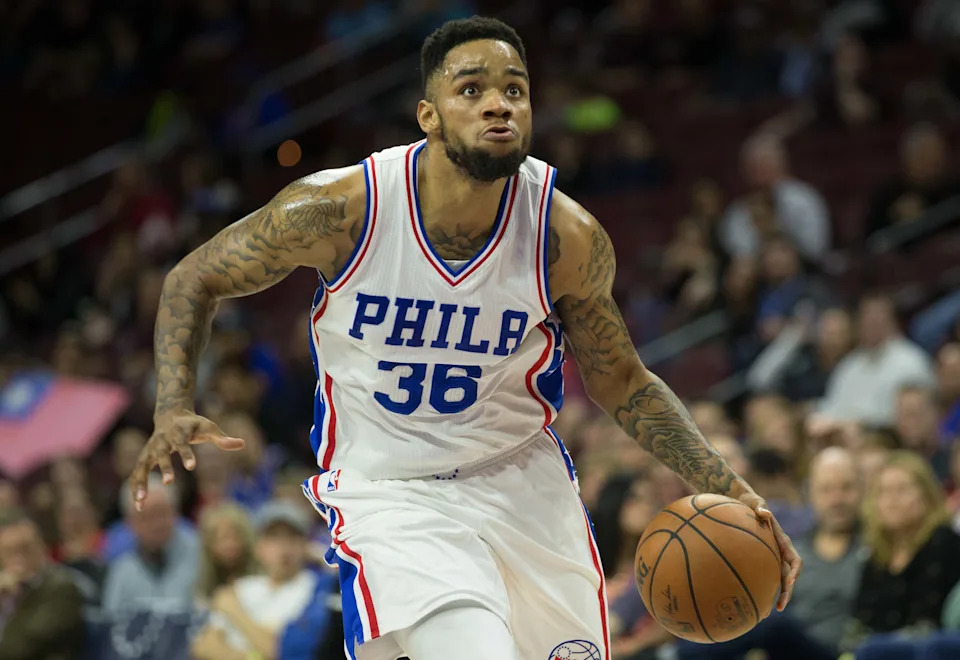 Apr 4, 2017; Philadelphia, PA, USA; Philadelphia 76ers forward Shawn Long (36) in action against the Brooklyn Nets during the second half at Wells Fargo Center. The Brooklyn Nets won 141-118. Mandatory Credit: Bill Streicher-USA TODAY Sports