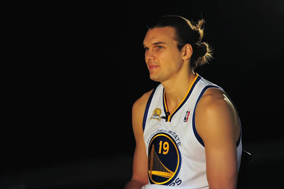 December 12, 2011; Oakland, CA, USA; Golden State Warriors center Louis Amundson (19) speaks during a video interview during media day at the Golden State Warriors Practice Facility. Mandatory Credit: Kyle Terada-USA TODAY Sports