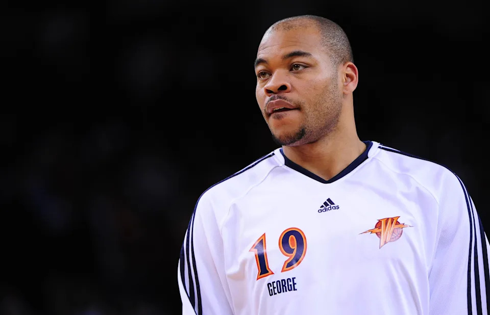 March 11, 2010; Oakland, CA, USA; Golden State Warriors guard Devean George (19) warms up during halftime against the Portland Trail Blazers at ORACLE Arena. The Trail Blazers defeated the Warriors 110-105. Mandatory Credit: Kyle Terada-USA TODAY Sports