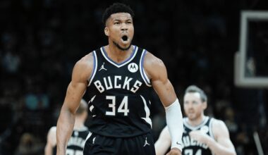 Milwaukee Bucks' Giannis Antetokounmpo reacts during the first half of an NBA basketball game Tuesday, April 9, 2024, in Milwaukee.