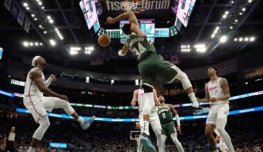 Milwaukee Bucks' Giannis Antetokounmpo dunks during the second half of an NBA basketball game against the Miami Heat Thursday, Jan. 23, 2025, in Milwaukee.