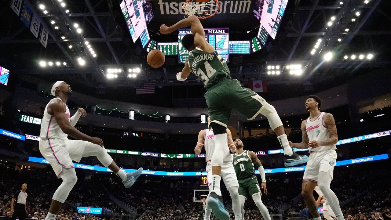 Milwaukee Bucks' Giannis Antetokounmpo dunks during the second half of an NBA basketball game against the Miami Heat Thursday, Jan. 23, 2025, in Milwaukee.