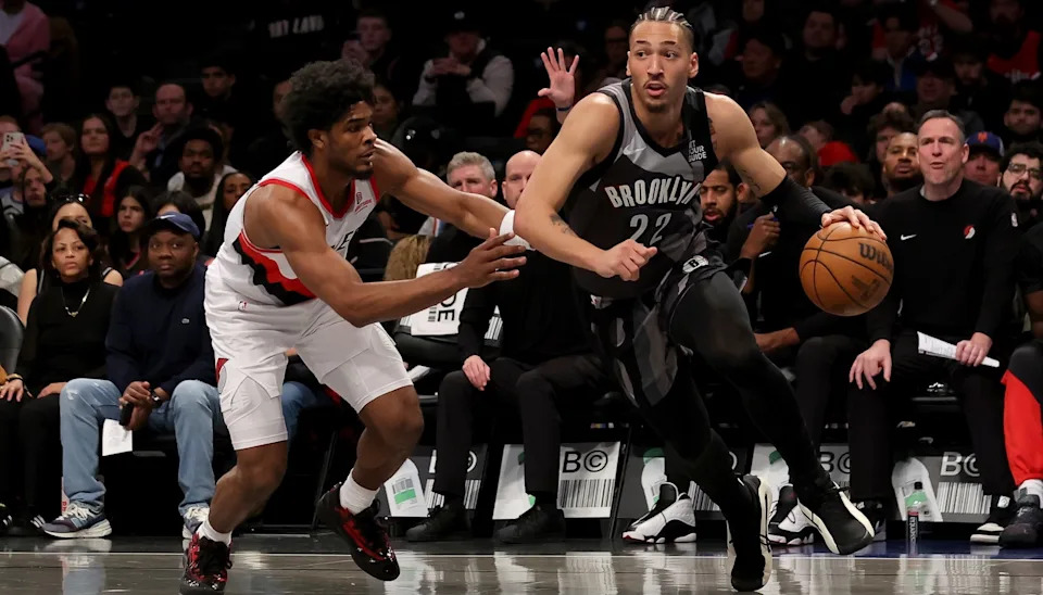 Brooklyn Nets forward Jalen Wilson (22) drives to the basket against Portland Trail Blazers guard Scoot Henderson (00) during the first quarter at Barclays Center.