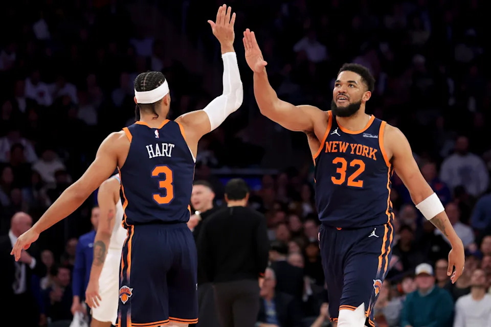 New York Knicks players Josh Hart and Karl-Anthony Towns.© Brad Penner-Imagn Images