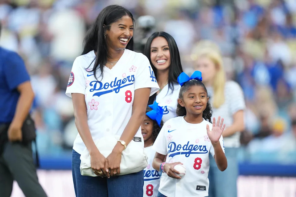 The family of Kobe Bryant, widow Vanessa Bryant and daughters Bianka, Capri and Natalia, during the game between the Toronto Blue Jays and the Los Angeles Dodgers at Dodger Stadium in Los Angeles on Aug. 8, 2025.