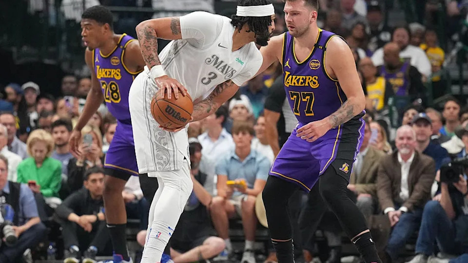 <div>DALLAS, TX - APRIL 9: Anthony Davis #3 of the Dallas Mavericks dribbles the ball during the game against the Los Angeles Lakers on April 9, 2025 at American Airlines Center in Dallas, Texas. (Photo by Jesse D. Garrabrant/NBAE via Getty Images)</div>