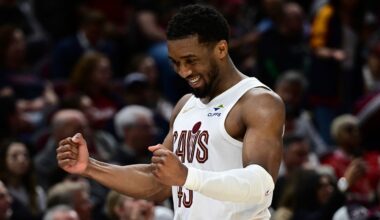 Cleveland Cavaliers guard Donovan Mitchell reacts while walking to the bench in the second half of an NBA basketball game against the Los Angeles Clippers, Sunday, March 30, 2025, in Cleveland.