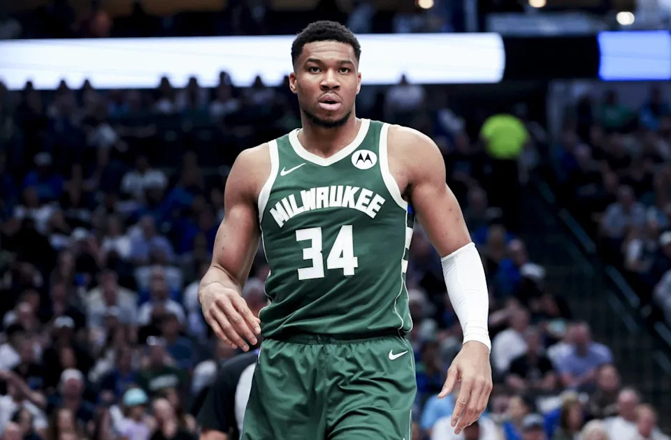 Mar 1, 2025; Dallas, Texas, USA; Milwaukee Bucks forward Giannis Antetokounmpo (34) reacts against the Dallas Mavericks during the first half at American Airlines Center. Mandatory Credit: Kevin Jairaj-Imagn ImagesMandatory Credit: Kevin Jairaj-Imagn Images