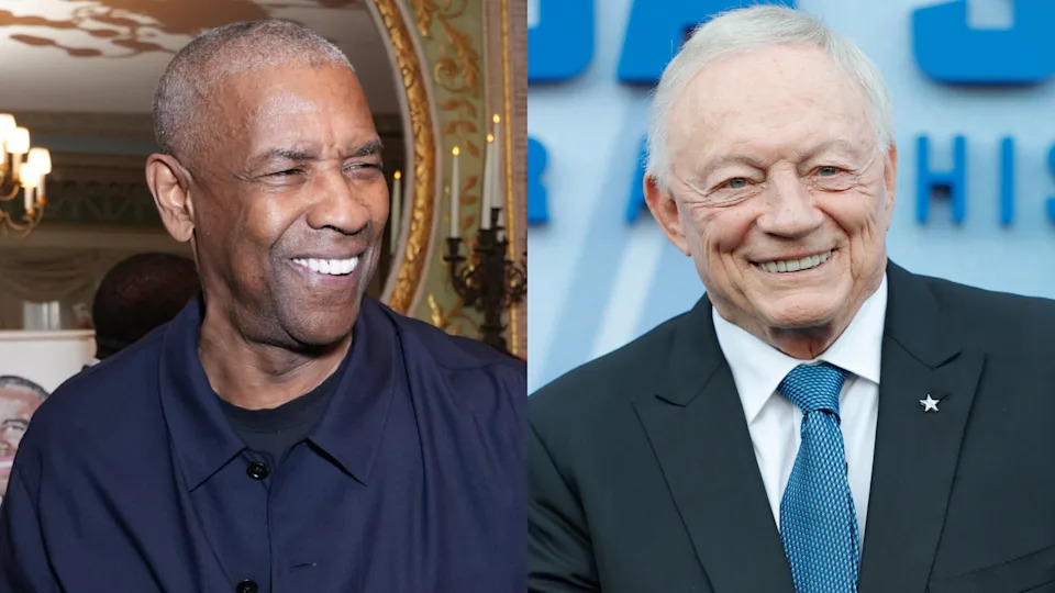 Denzel Washington smiling in a dark shirt, and Jerry Jones in a suit with a blue tie, both posing at separate events.