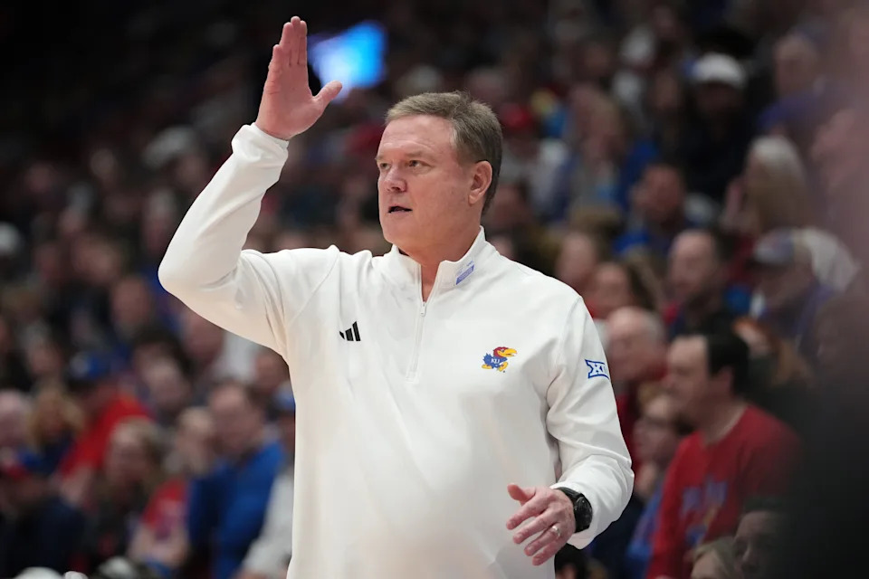 Jan. 28, 2025; Lawrence, Kansas; Kansas basketball head coach Bill Self looks on during a game against UCF at Allen Fieldhouse.