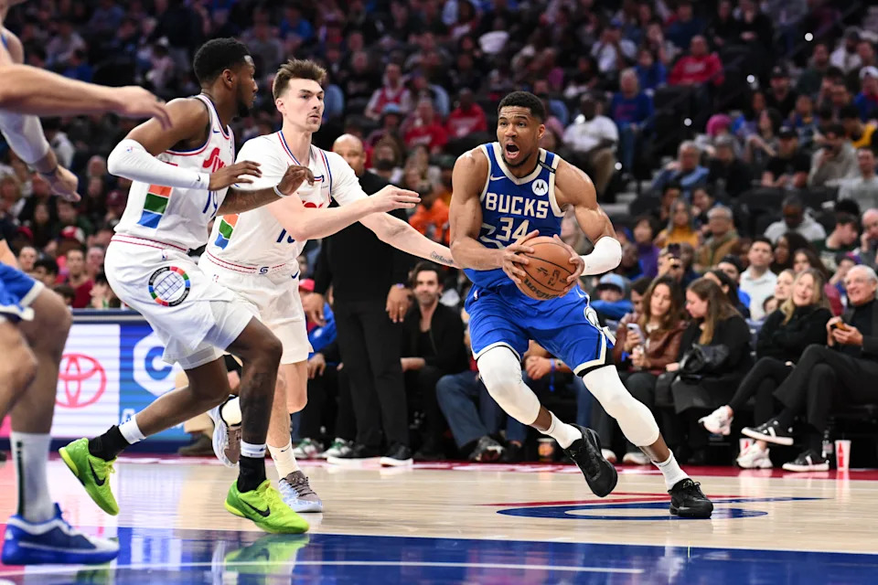 Apr 3, 2025; Philadelphia, Pennsylvania, USA; Milwaukee Bucks forward Giannis Antetokounmpo (34) drives with the ball against the Philadelphia 76ers in the second quarter at Wells Fargo Center. Mandatory Credit: Kyle Ross-Imagn Images