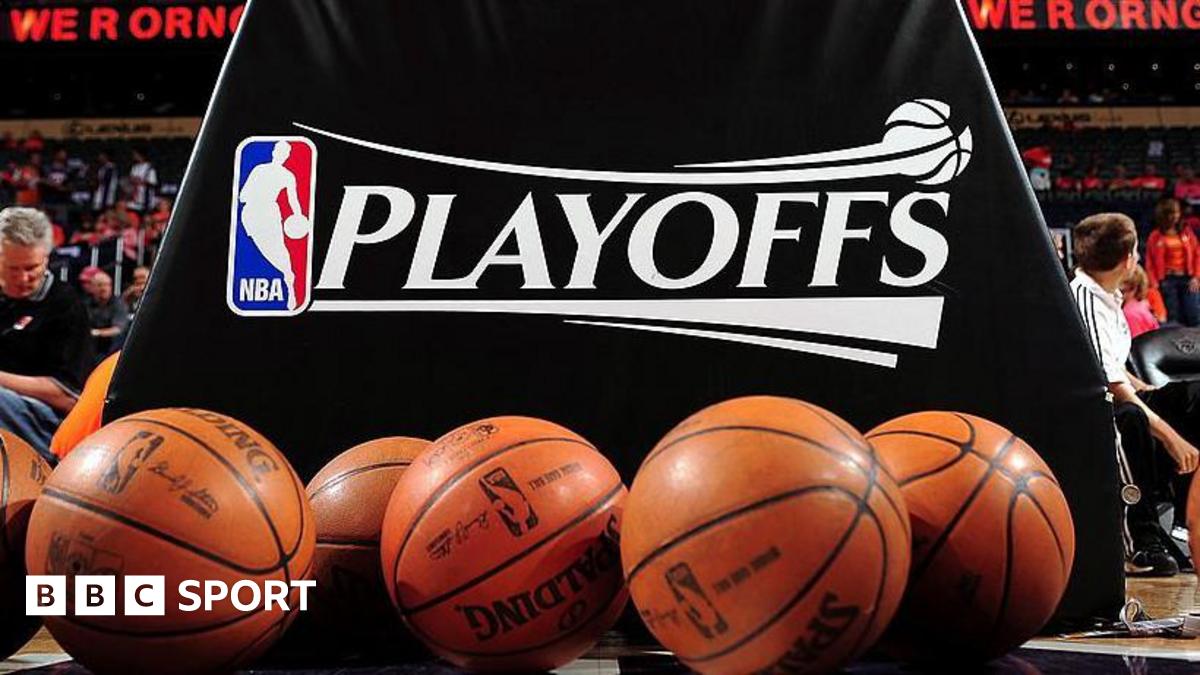 A logo of the NBA play-offs with multiple basketballs in shot at the bottom of the picture