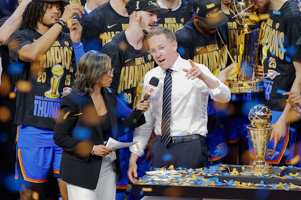 Jun 22, 2025; Oklahoma City, Oklahoma, USA; Oklahoma City Thunder general manager Sam Presti speaks during the championship ceremony after his team defeated the Indiana Pacers in game seven of the 2025 NBA Finals at Paycom Center. Mandatory Credit: Alonzo Adams-Imagn Images