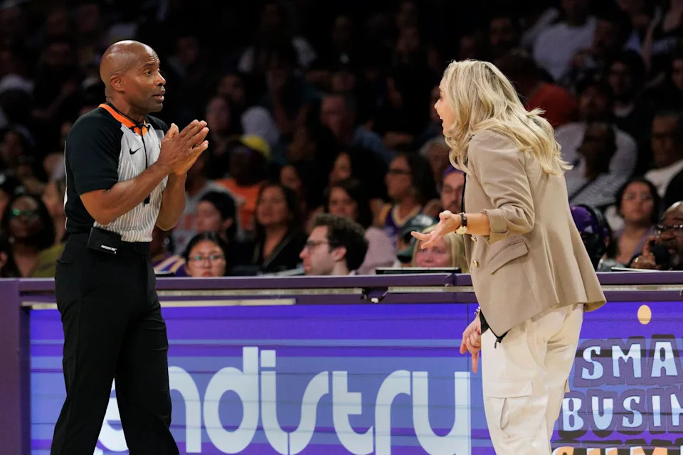 Las Vegas Aces coach Becky Hammon questions a referee's call during the game against the Sparks at Crypto.com Arena.