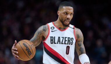 Milwaukee Bucks guard Damian Lillard (0) gestures after a three-point basket against the Indiana Pacers during the second half of a first-round NBA basketball playoff game in Indianapolis, Tuesday, April 22, 2025.